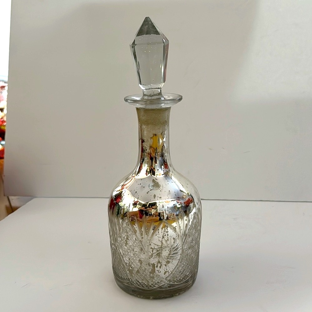 Mercury Glass Etched Silver Metallic Decanter Glass Bottle